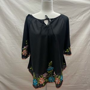 Vintage boho embroidered black tunic top scalloped